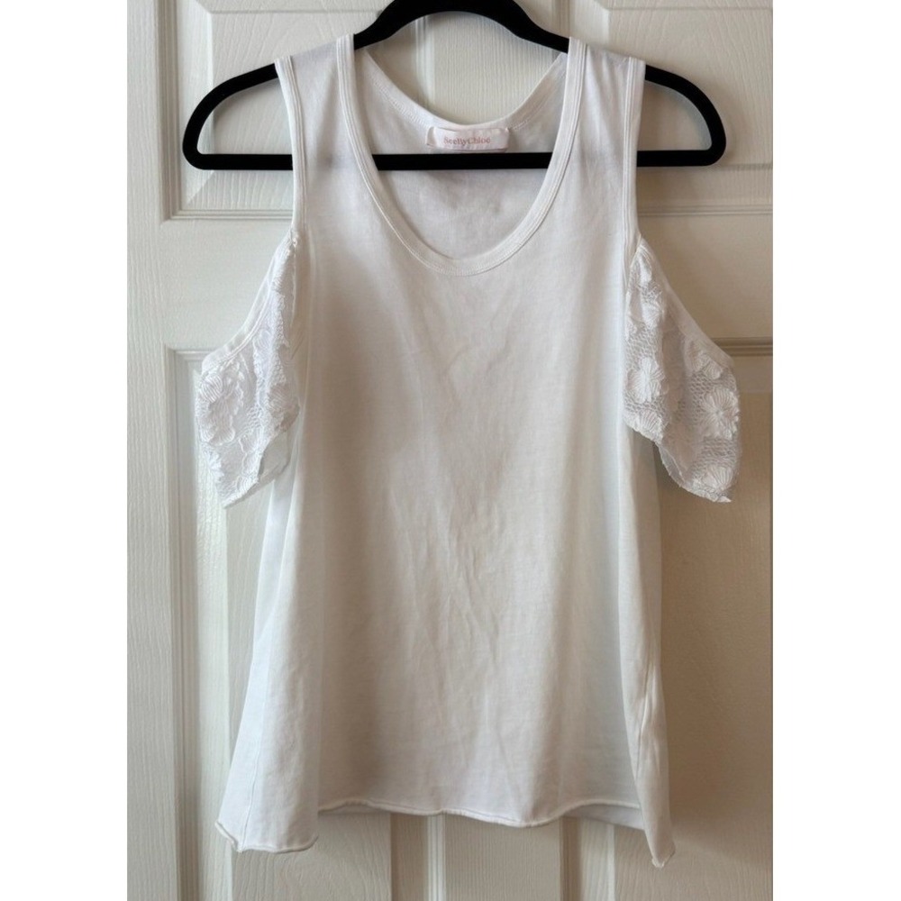 See by‎ Chloe White Cold Shoulder Lace Crochet Sleeve Tank Top Womens 40
